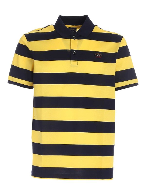 yellow and blue striped polo shirt