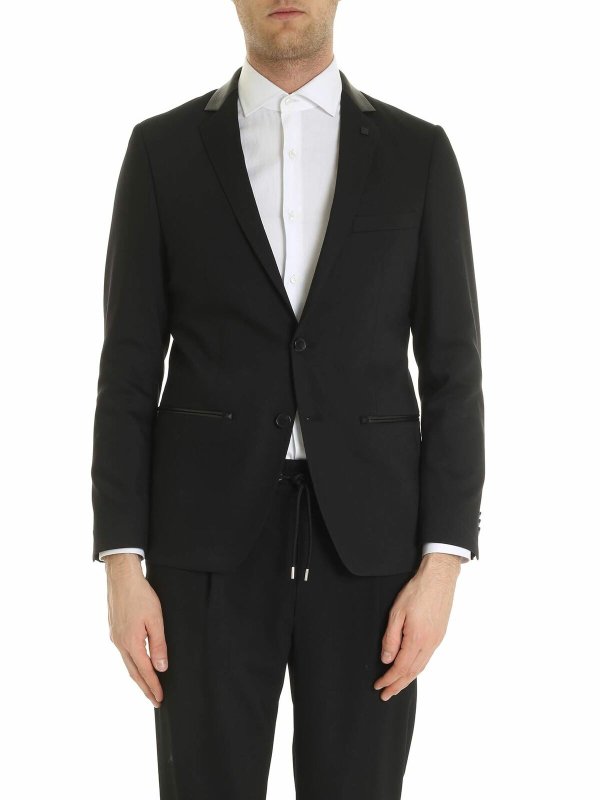 Blazers Karl Lagerfeld - Dark black jacket with leather insert ...