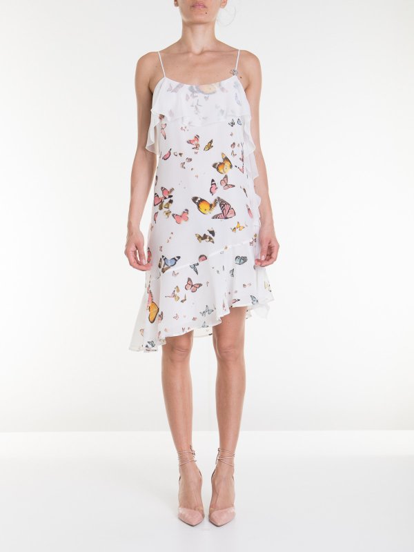 Ruffled butterfly print silk dress 