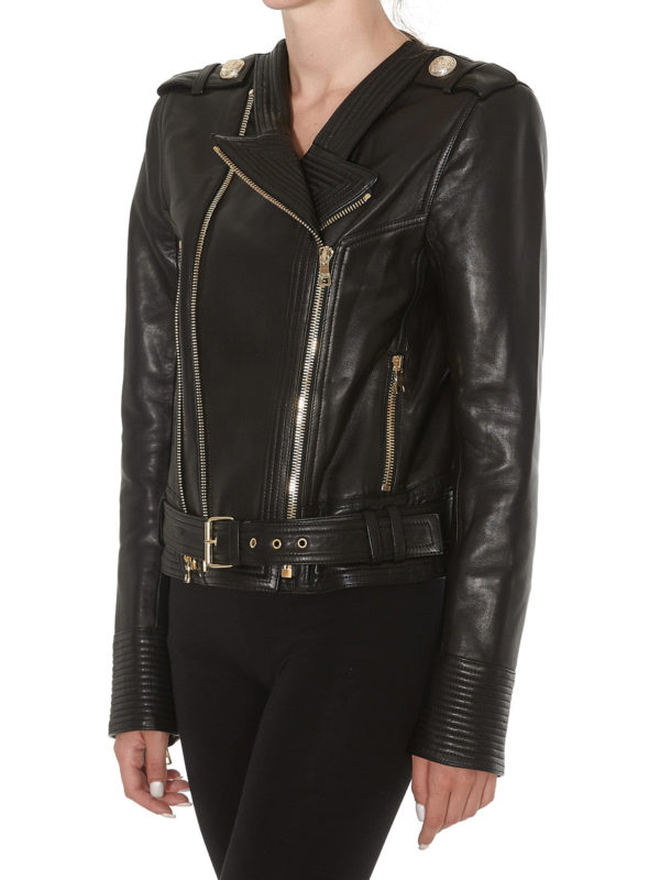 Golden button leather biker jacket 