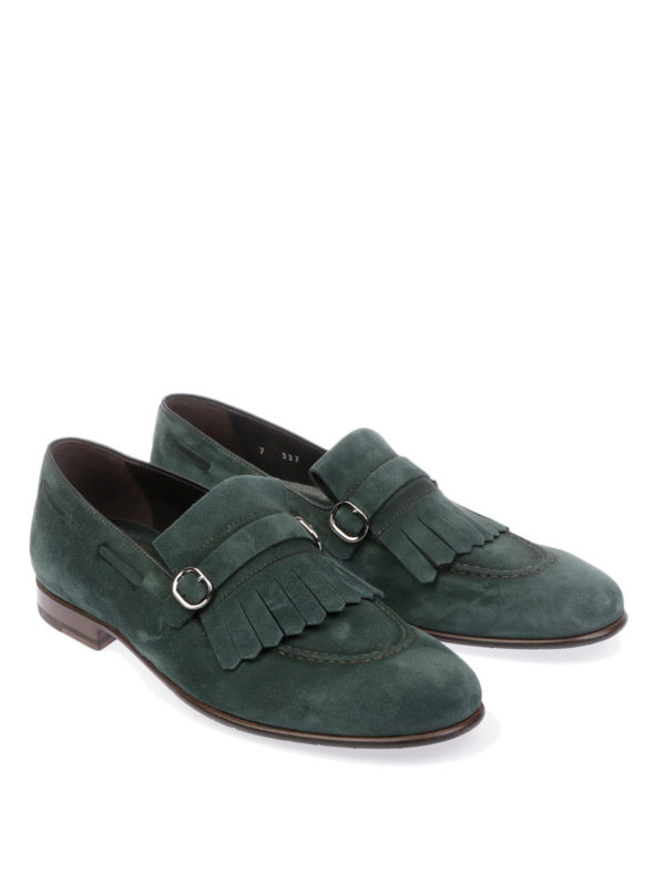 Bottle green suede fringed loafers 