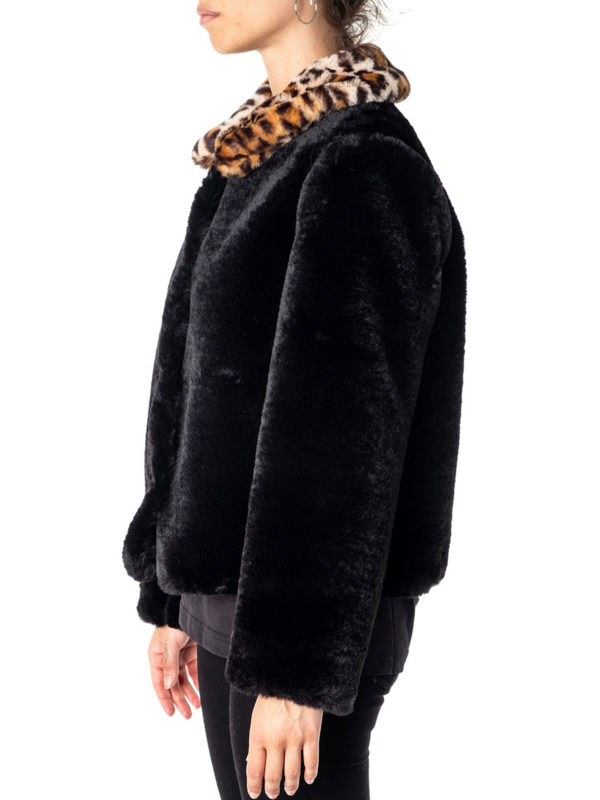 print collar faux fur bomber jacket 