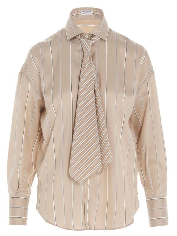 Striped shirt with tie in beige 