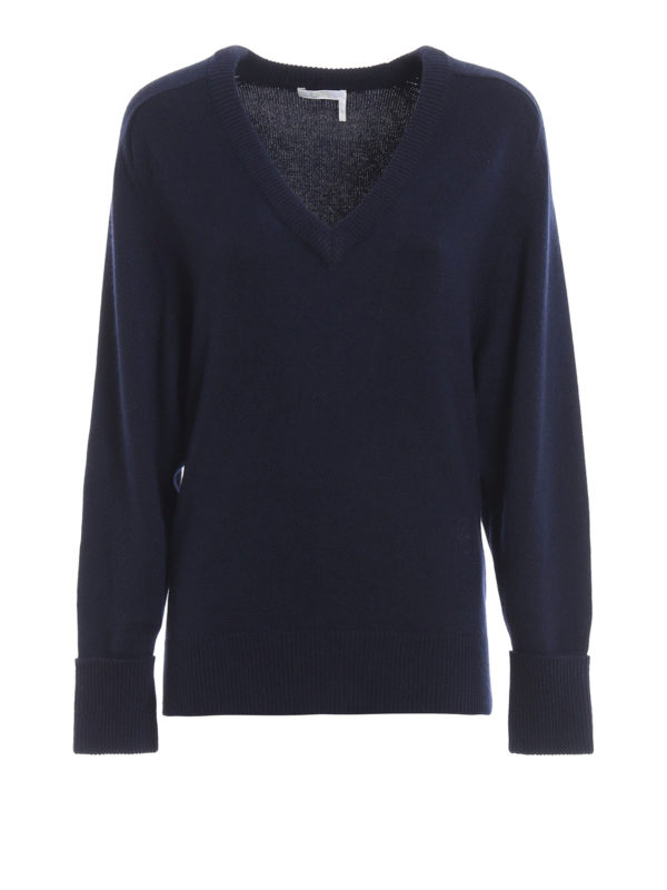 V necks Chloe' - Blue cashmere sweater with turned-up cuffs ...