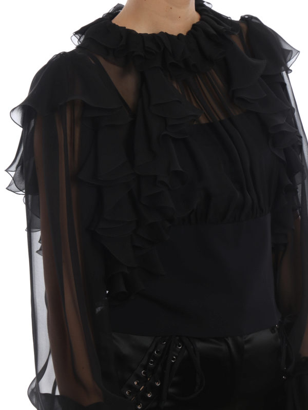 Sheer silk chiffon ruffle crop blouse 