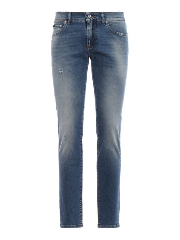 Distressed denim stone washed jeans 