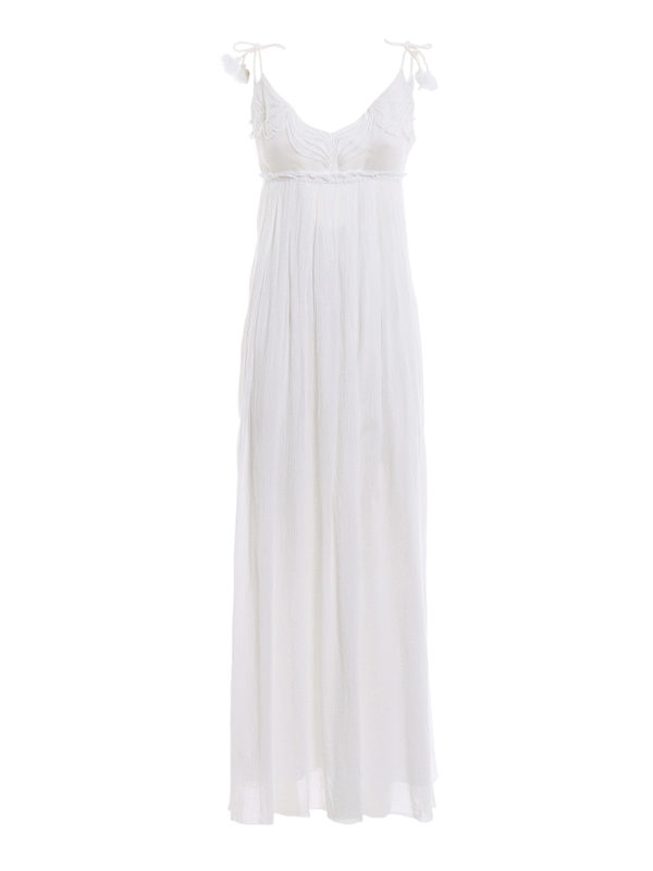 Dondup Pure Cotton Ruffle Empire Waist Maxi Dress In White