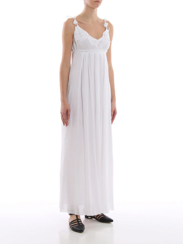 Dondup Pure Cotton Ruffle Empire Waist Maxi Dress In White