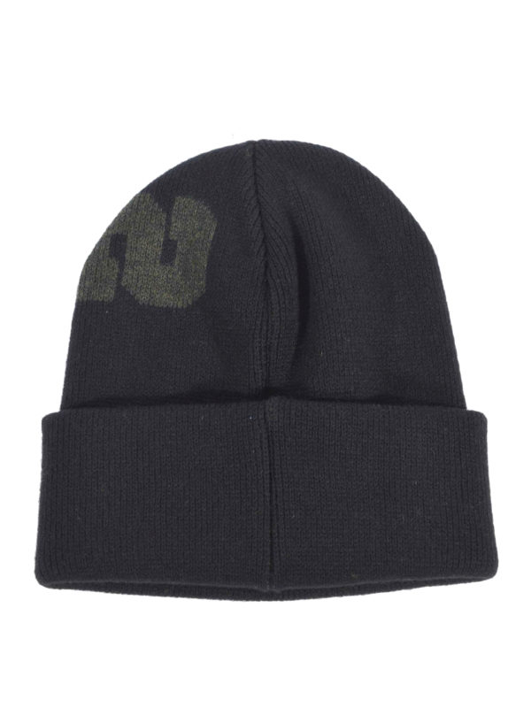 Logo intarsia black wool beanie 