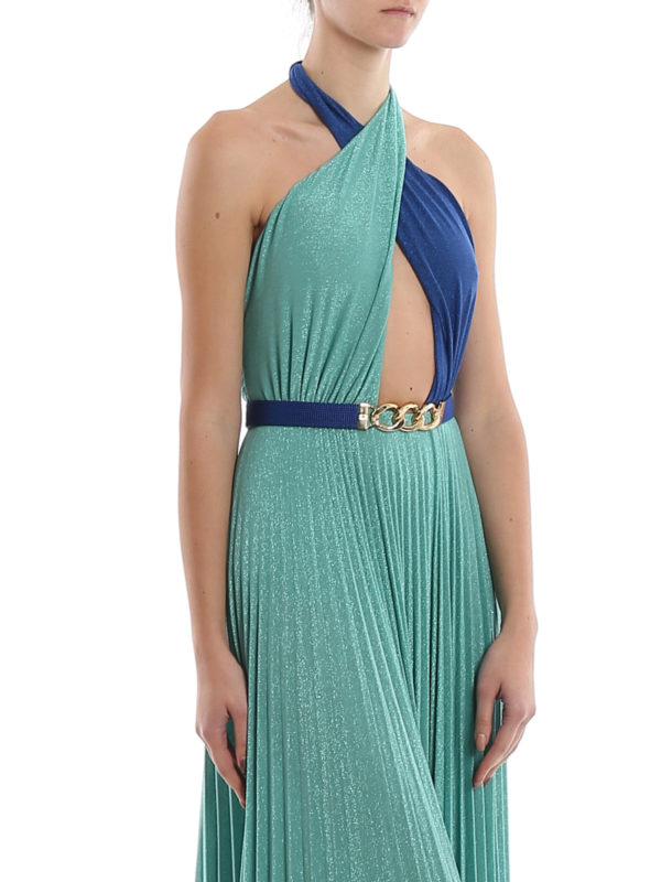 Belted two-tone pleated dress 