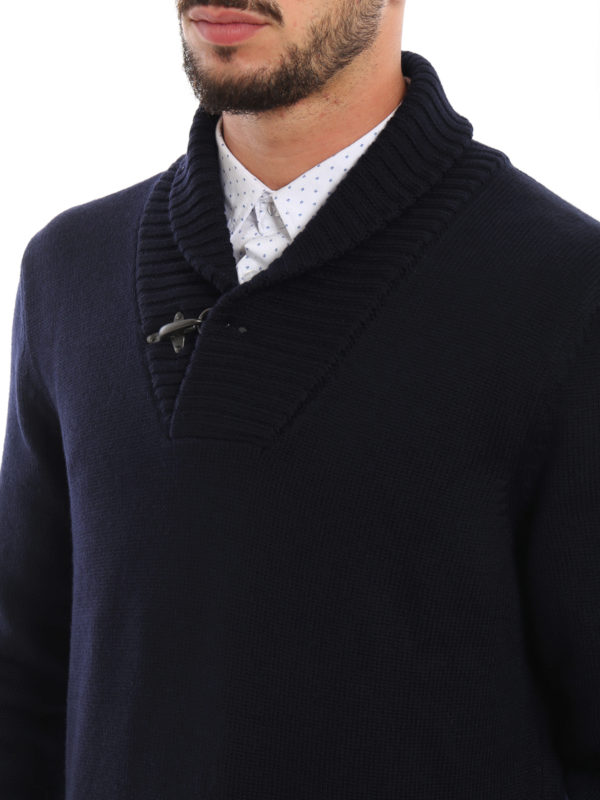 navy blue shawl collar sweater
