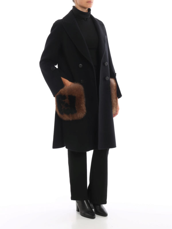 Real Fur Pocket Wool Double Ted, Fendi Wool Coat With Fur Pockets