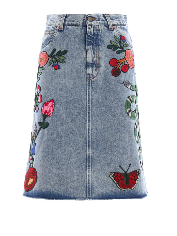 Embroidered washed denim skirt 