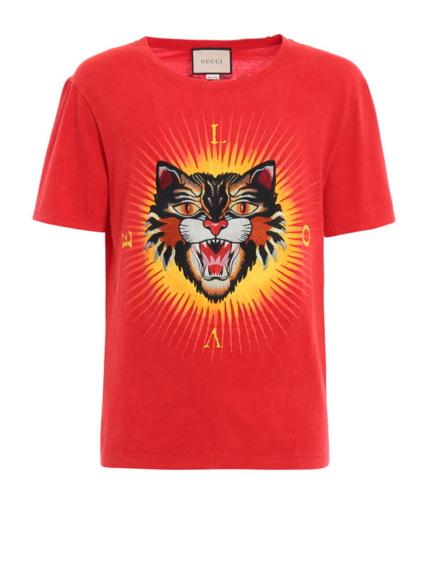 Gucci - Angry Cat embroidered T-shirt - t-shirts - 442670 X5U16 6600