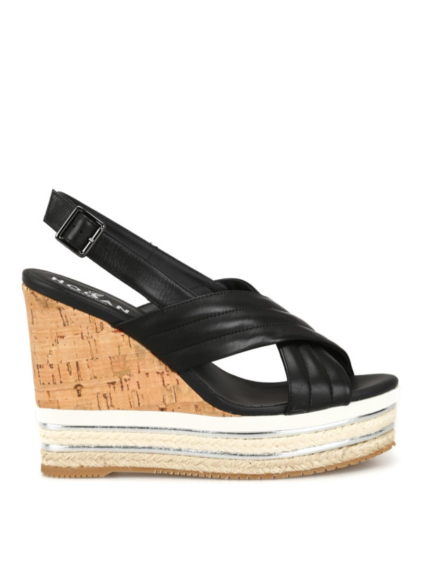 H442 black leather wedge sandals 