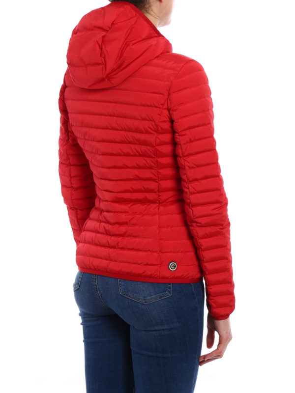 Hooded red stretch puffer jacket 