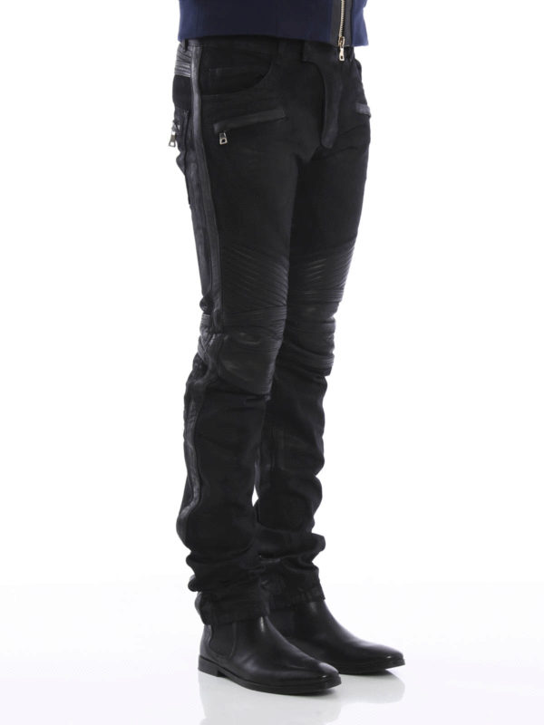 balmain leather biker jeans