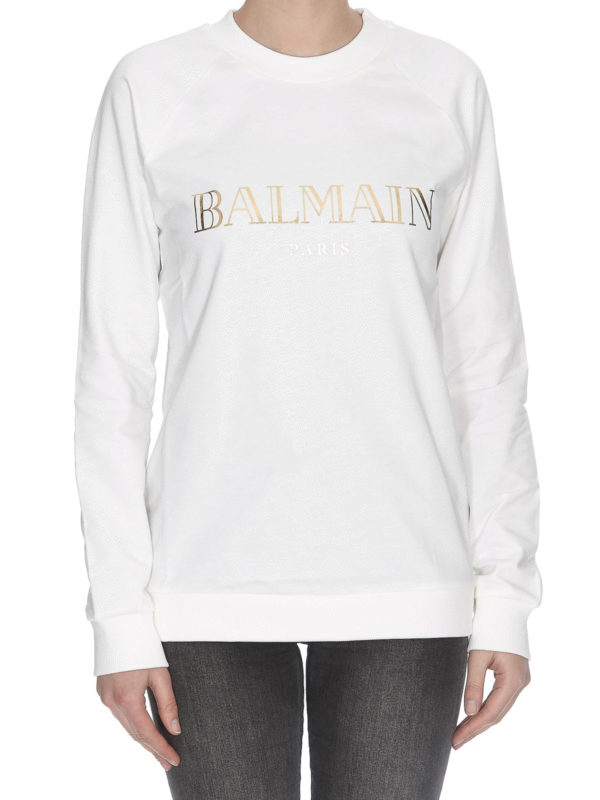 Gold-tone Balmain logo print white sweatshirt