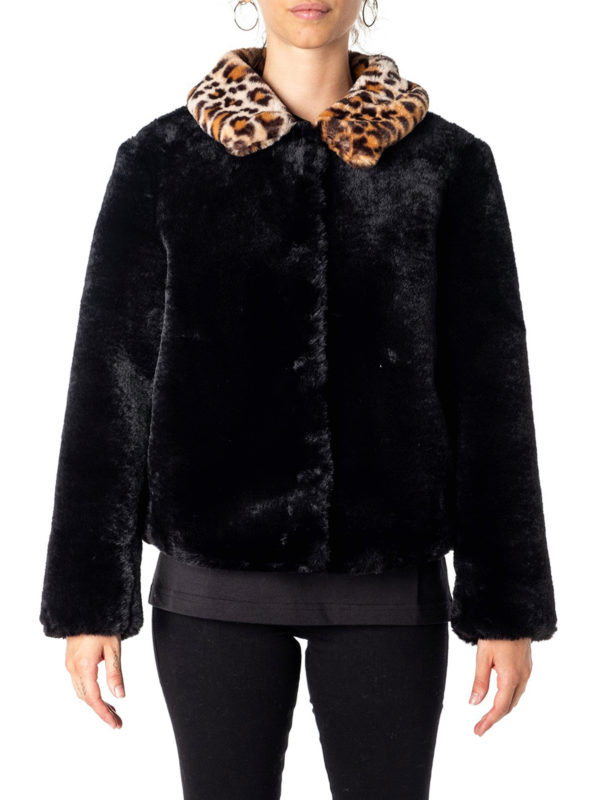 print collar faux fur bomber jacket 