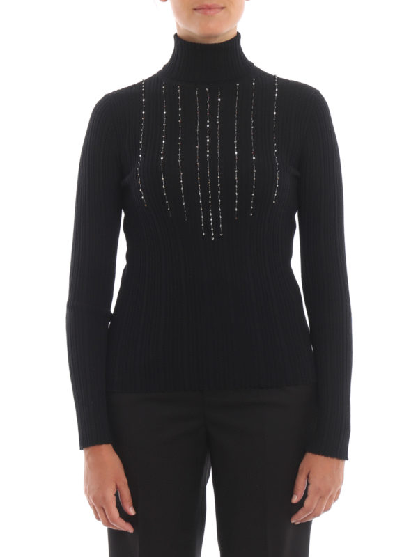 Beaded black wool turtleneck sweater 