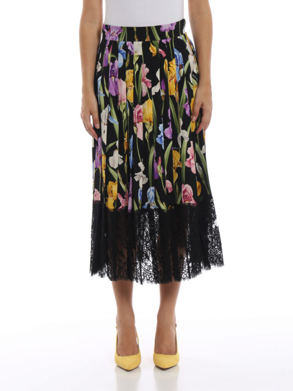 Knee length skirts & Midi Dolce & Gabbana - Lace trim peony print silk pleated  skirt - F4BFTTFSAWHHNS50