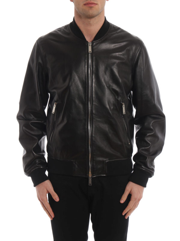 Black nappa lamb leather bomber jacket 