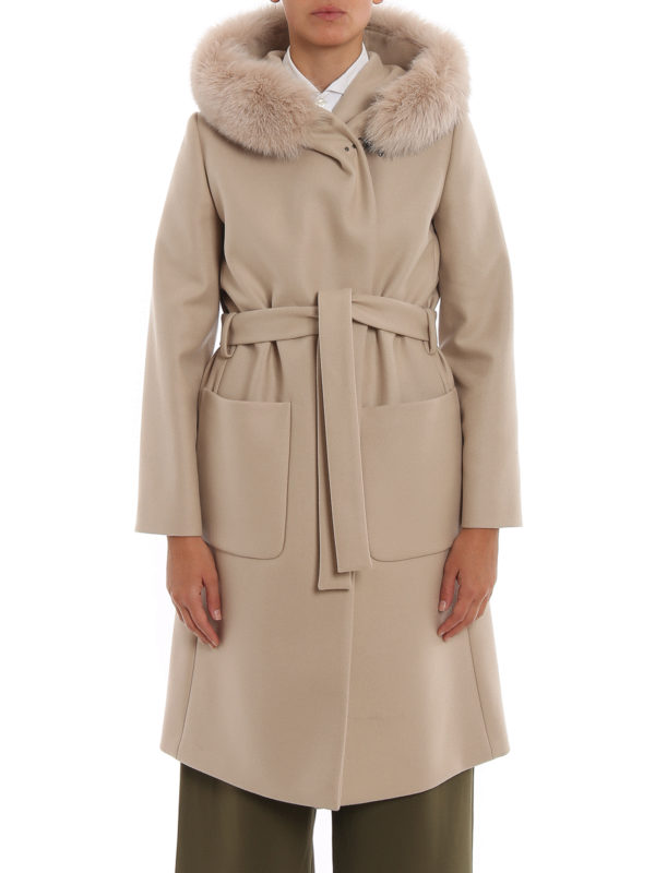 knee length coat with fur hood