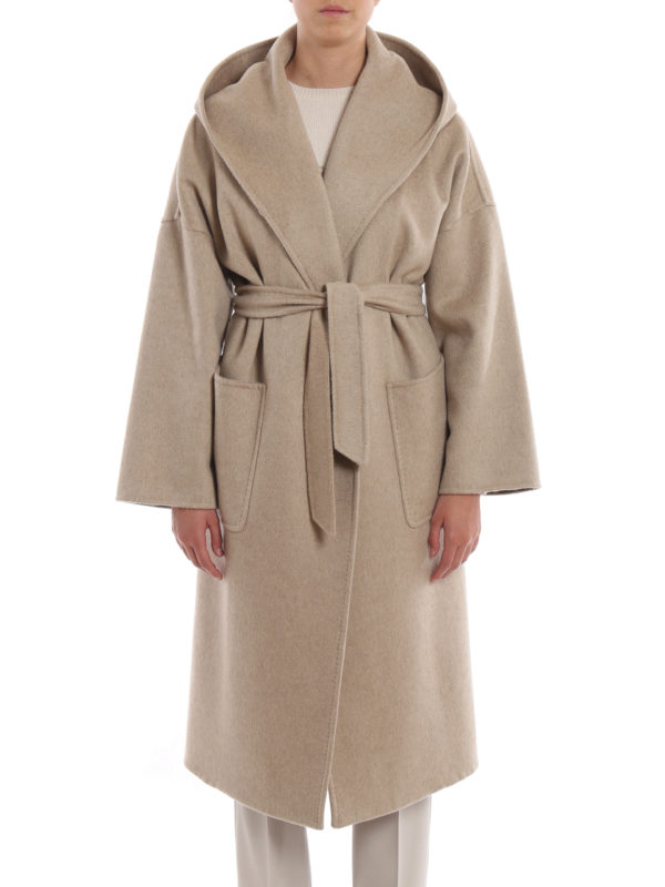 Knee length coats Max Mara - Marilyn hooded beige cashmere wrap coat ...