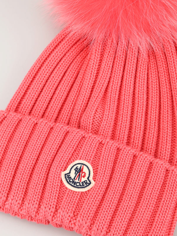 Fur pompom rib knitted wool beanie 