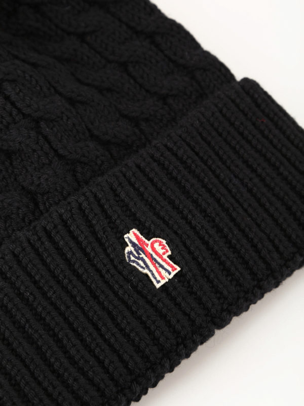 Fur pompom black cable knit wool beanie 