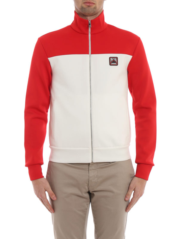 Shop Prada Two-tone Tech Jersey Zip Up Sweat Jacket In Red