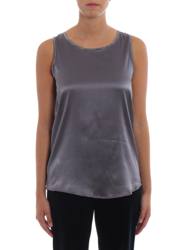Taupe silk tank top with rear key hole 