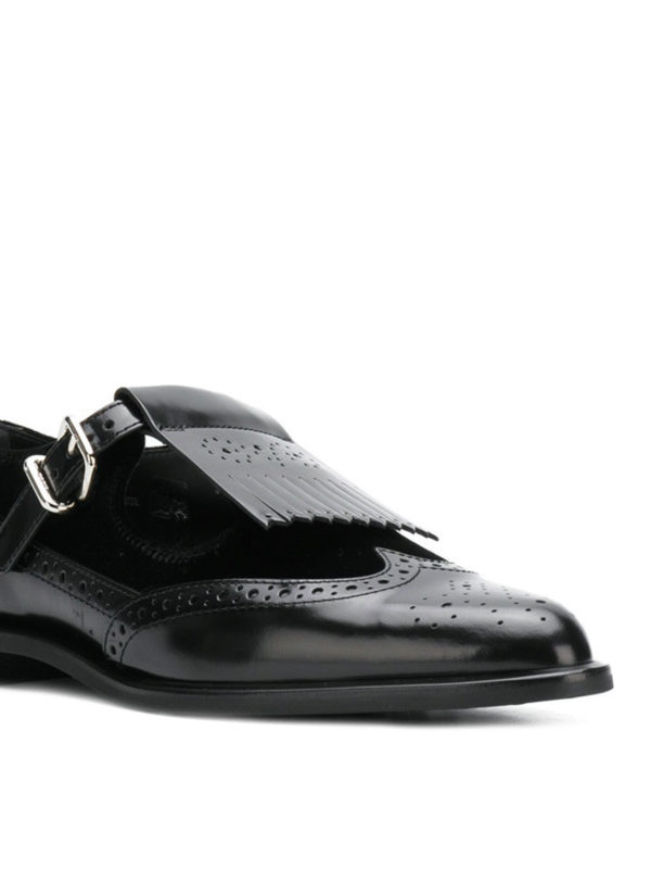 Leather and velvet brogue monk straps 