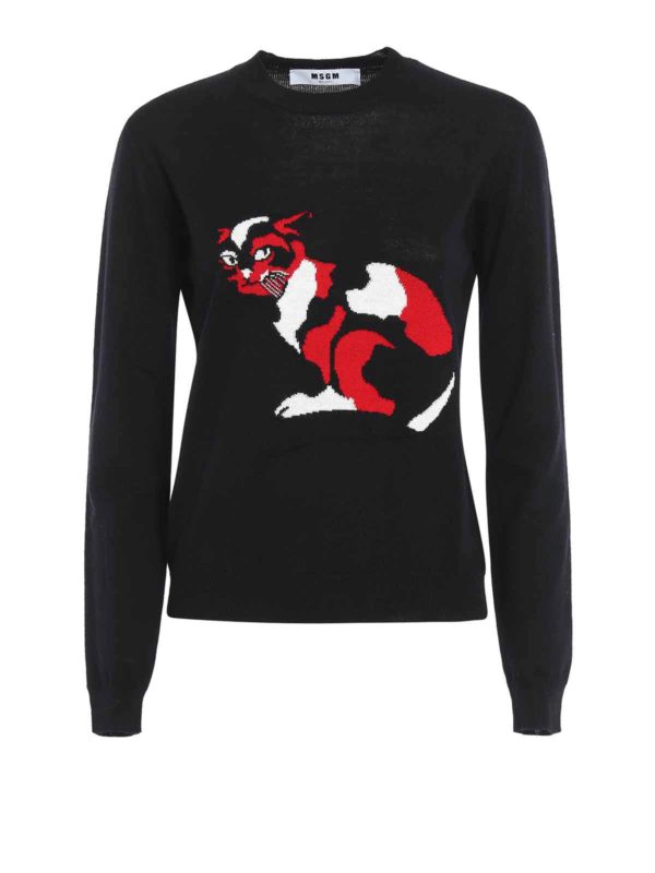 Cat intarsia crew neck sweater 