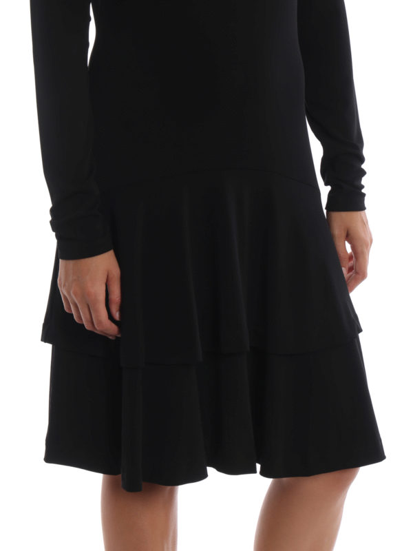 Solid black matte jersey flounce dress 