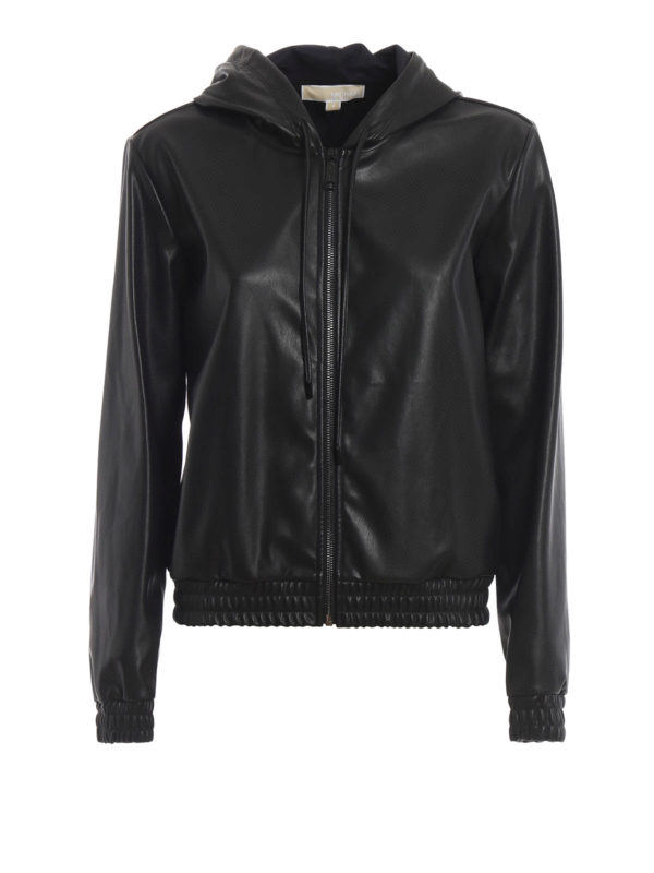 Leather effect hooded bomber jacket 