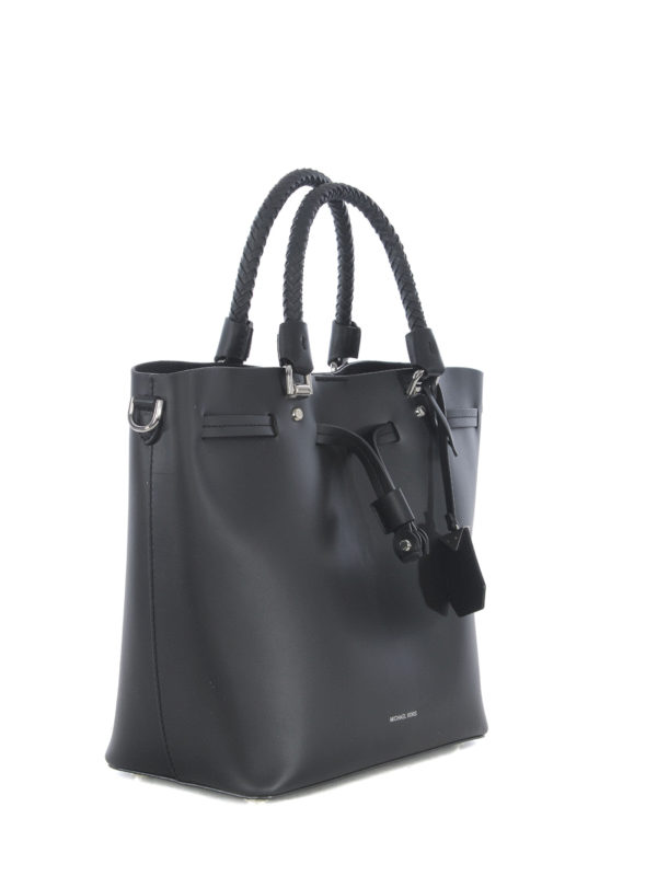 michael kors black leather bucket bag