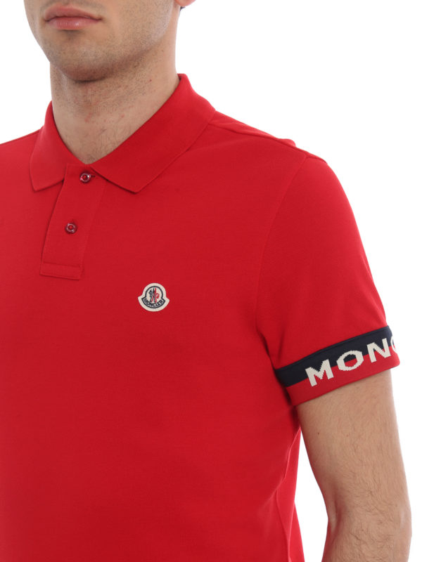 Red pique polo shirt with striped cuffs 