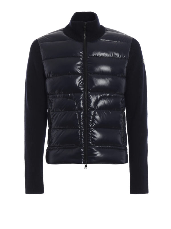 Cardigans Moncler - Blue knit wool and padded nylon zip cardigan ...