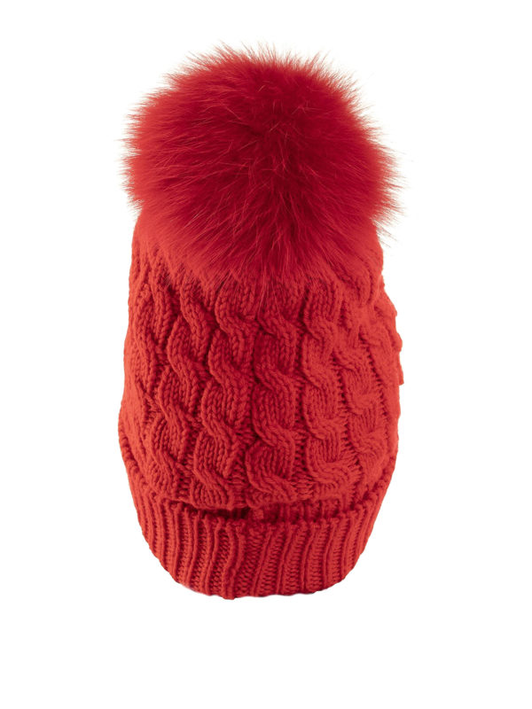 Fur pompom cable knit wool beanie 