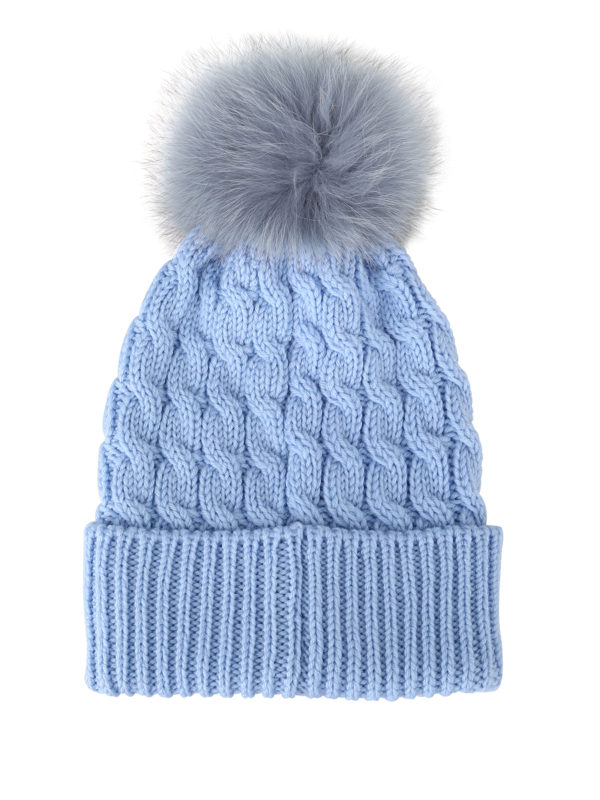 Fur pompom light blue cable knit wool 