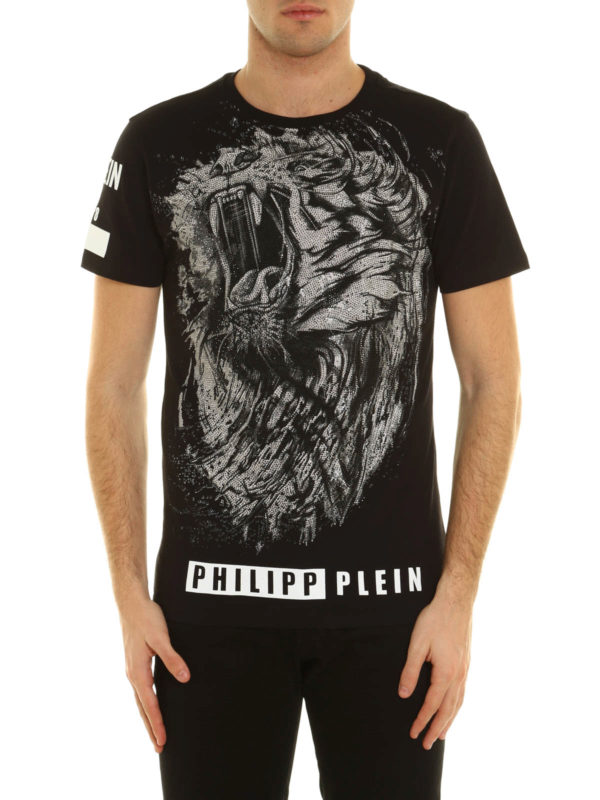 extase oplichterij ondersteboven T-shirts Philipp Plein - Embellished Black Lion T-shirt - MTK0121PJY002N02