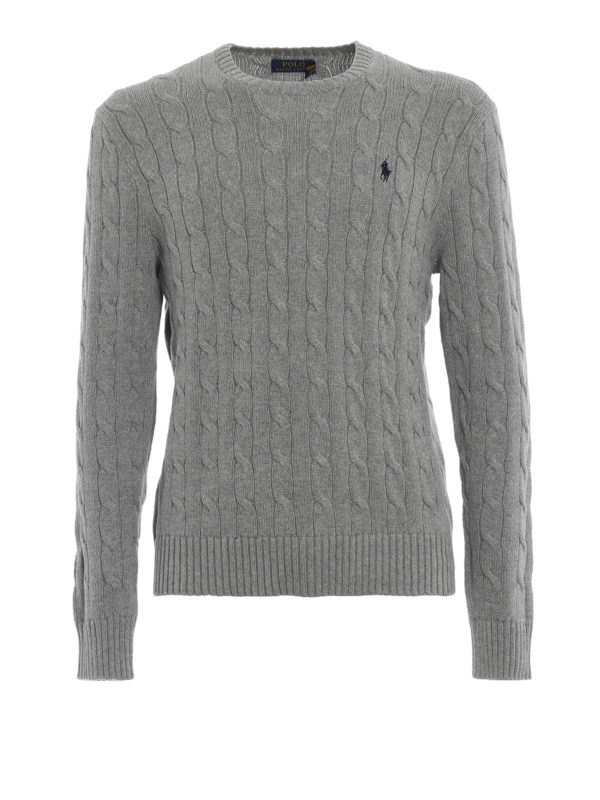 Grey braided cotton crew neck sweater 
