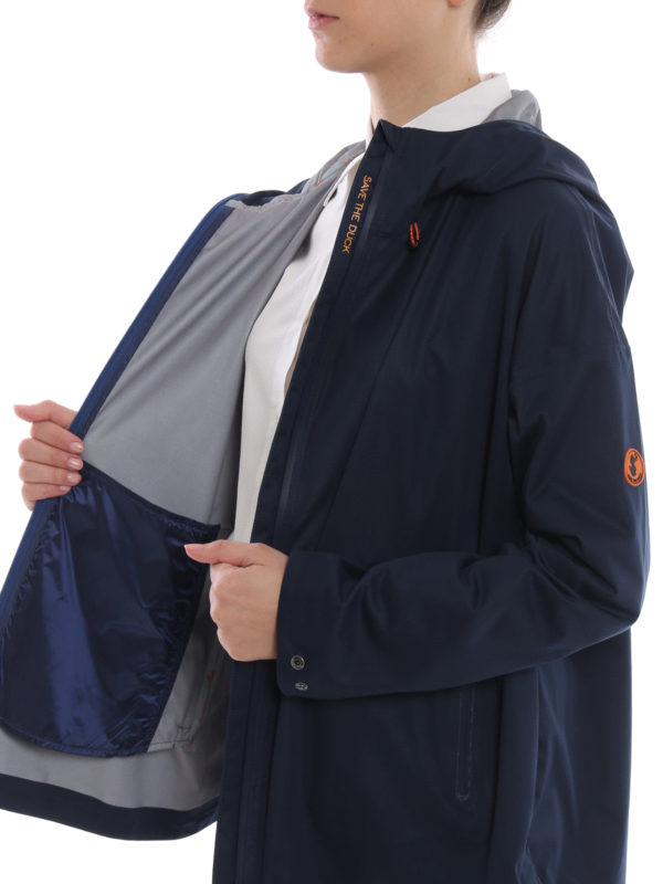 Hooded tech fabric flared windbreaker 