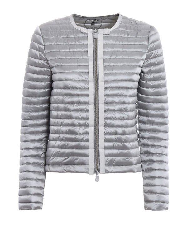 padded collarless puffer jacket