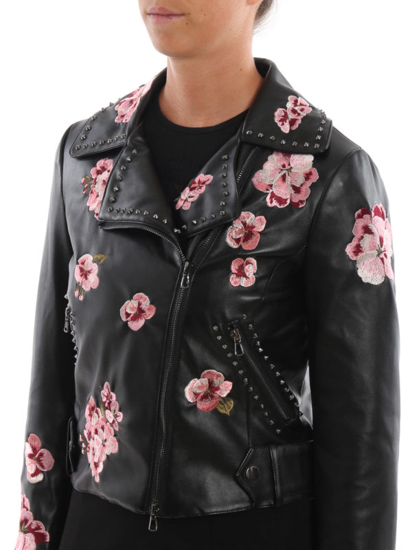 floral embroidered faux leather jacket