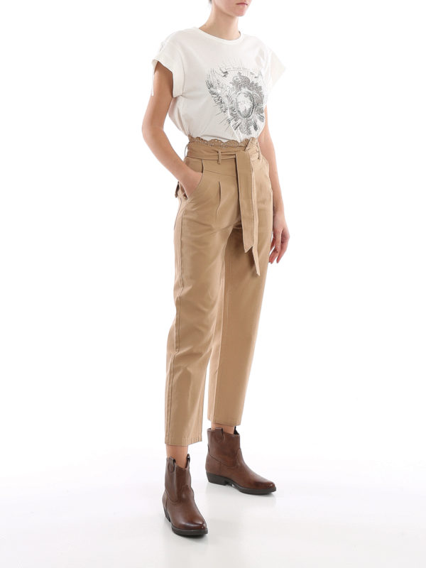 Lace waist cotton paperbag trousers 