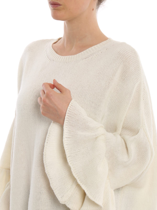 Frill sleeve white cashmere sweater 