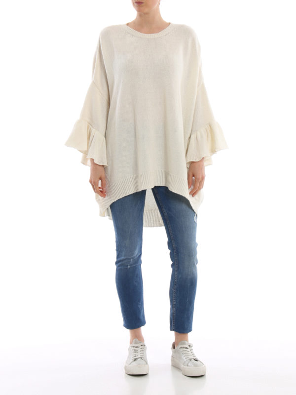 Frill sleeve white cashmere sweater 