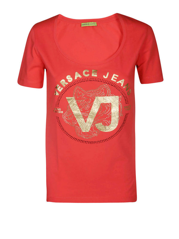 Rhinestone embellished logo red T-shirt 